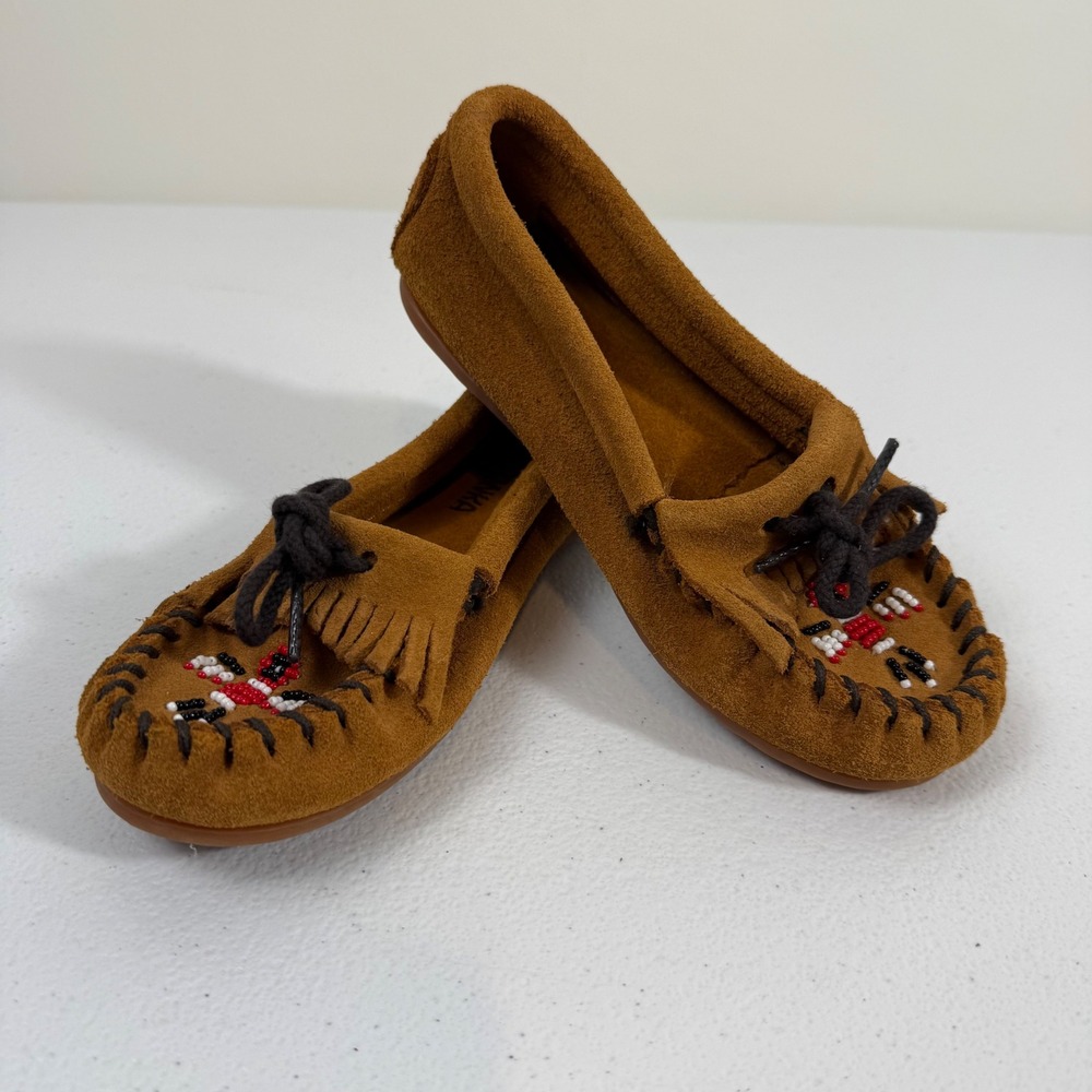 Minnetonka Kids Thunderbird Brown Suede Beaded Moccasin Shoes Size 12 2602